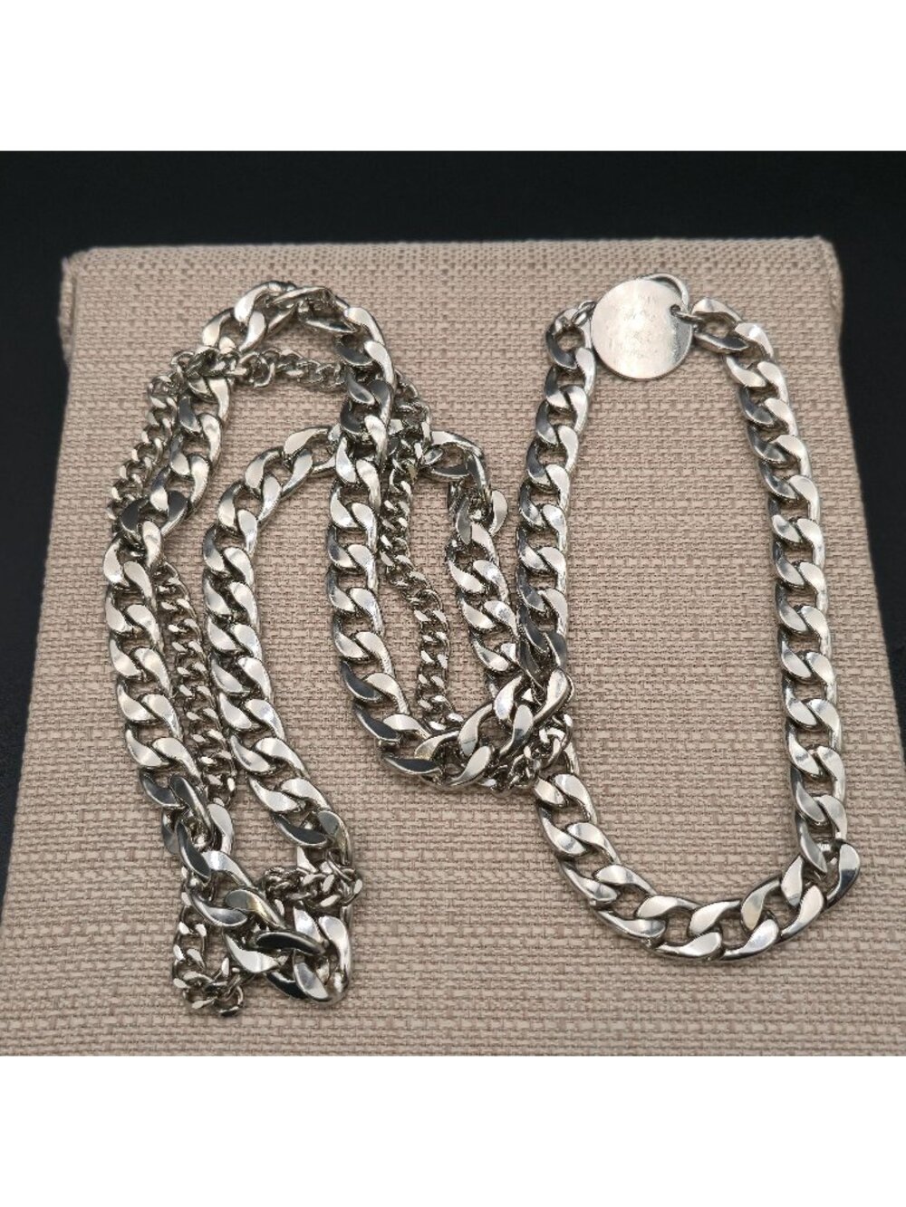 41 Inch Silver Cuban Link Chain Necklace with Round Tag, Chunky Curb B1447